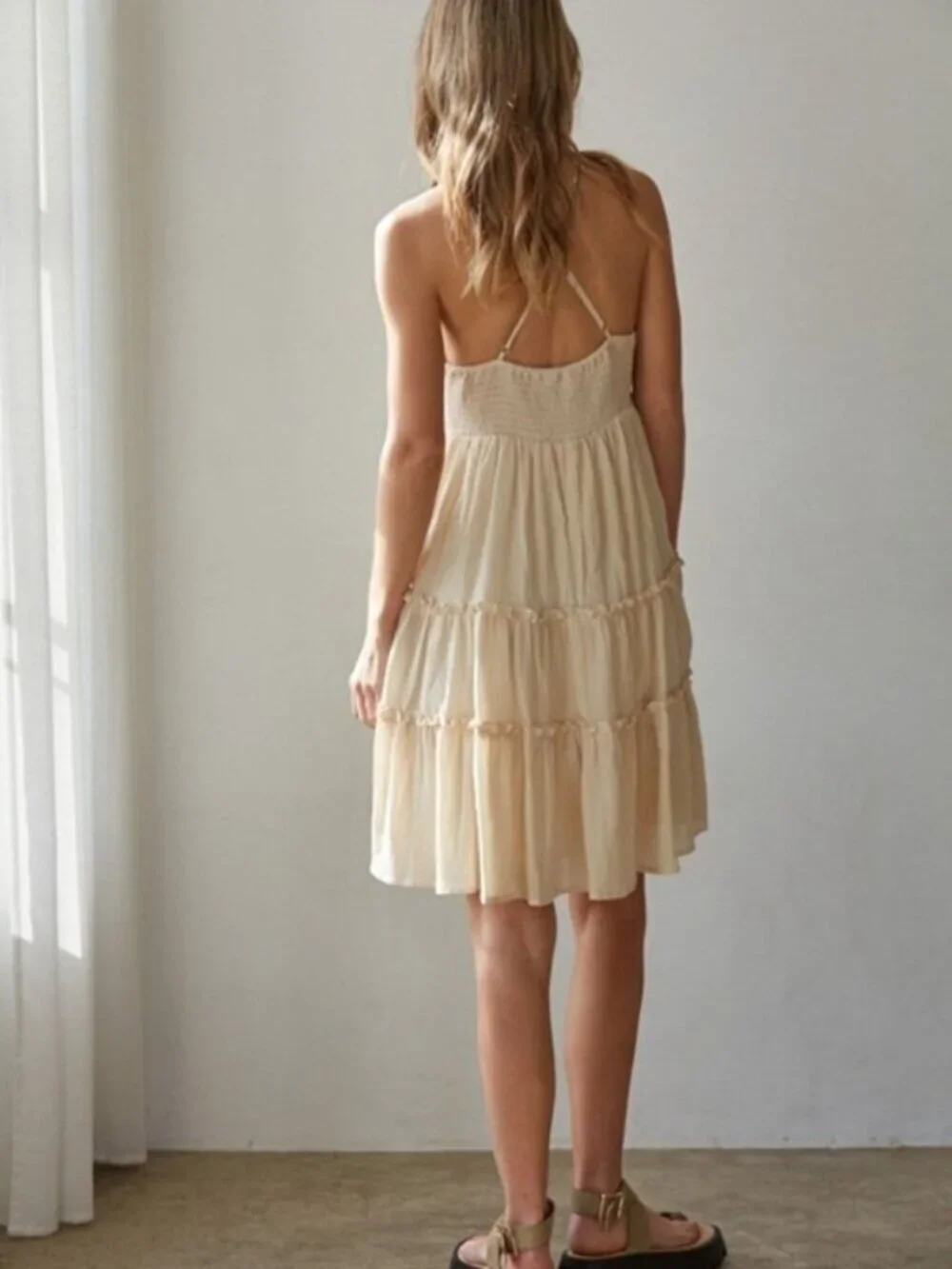 Oatmeal Beige Cotton Mini Dress Large